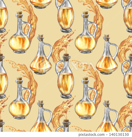 Seamless pattern using beautiful, curly bottles and yellow splashes. Hand-drawn watercolor illustration. On a light brown background. For textiles, labels and prints, decor, packaging and more Seamless pattern using beautiful, curly bottles and yellow splashes. Hand-drawn watercolor illustration. On a light brown background. For textiles, labels and prints, decor, packaging and more 140130130