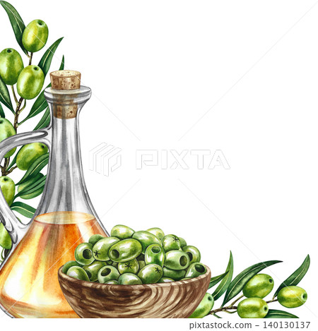 Olive oil frame. Hand-drawn watercolor illustration. Glass bottle of oil and olive twigs and wooden bowl with pitted olives. For menus, recipes, cookbooks. For postcards, packaging, labels, and more. Olive oil frame. Hand-drawn watercolor illustration. Glass bottle of oil and olive twigs and wooden bowl with pitted olives. For menus, recipes, cookbooks. For postcards, packaging, labels, and more. 140130137