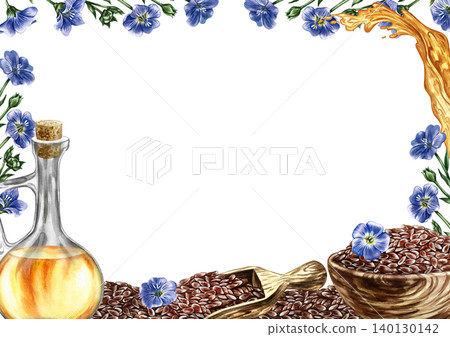 Frame with flax seeds and oil. Hand-drawn watercolor illustration. Glass bottle with flax oil, seeds, flowers, and a splash. Element of label, packaging design, as well as banners, posters, and more. Frame with flax seeds and oil. Hand-drawn watercolor illustration. Glass bottle with flax oil, seeds, flowers, and a splash. Element of label, packaging design, as well as banners, posters, and more. 140130142