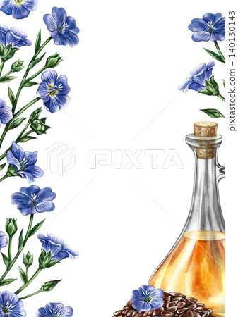 Frame with flax seeds and oil. Hand-drawn watercolor illustration. Glass bottle with flax oil, seeds, and blue flowers. Design element for labels, packaging, banners, posters, and more. 140130143