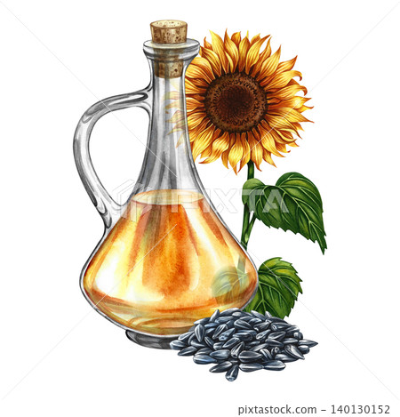 Sunflower oil. Hand-drawn watercolor illustration. Glass bottle of oil and sunflower flower and a handful of seeds. Element of label and packaging design, banners, posters, and more. Sunflower oil. Hand-drawn watercolor illustration. Glass bottle of oil and sunflower flower and a handful of seeds. Element of label and packaging design, banners, posters, and more. 140130152