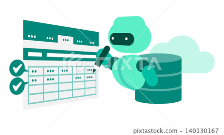 AI character illustration for RPA that automatically inputs data from the cloud into Excel or spreadsheets to create documents. AI character illustration for RPA that automatically inputs data from the cloud into Excel or spreadsheets to create documents. 140130167