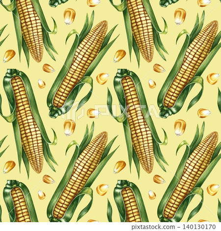 Seamless pattern of corn cobs and corn kernels. Hand-drawn watercolor illustration. On a yellow background. Perfect for textiles, decor, labels, packaging, prints, and more. Seamless pattern of corn cobs and corn kernels. Hand-drawn watercolor illustration. On a yellow background. Perfect for textiles, decor, labels, packaging, prints, and more. 140130170