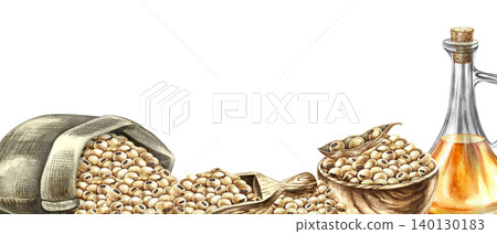 Frame - border with an image of soybean oil. Bottle of oil in a burlap bag and wooden utensils. Hand-drawn watercolor illustration. For labels, packaging, and more. Frame - border with an image of soybean oil. Bottle of oil in a burlap bag and wooden utensils. Hand-drawn watercolor illustration. For labels, packaging, and more. 140130183