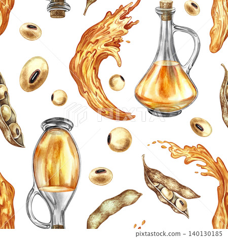 Seamless pattern with soybean oil. Hand-drawn watercolor illustration. Bottles of oil, soybeans, pods, and oil splashes. Perfect for textiles, labels and prints, decor, packaging, and more. Seamless pattern with soybean oil. Hand-drawn watercolor illustration. Bottles of oil, soybeans, pods, and oil splashes. Perfect for textiles, labels and prints, decor, packaging, and more. 140130185