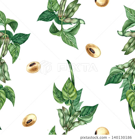 Seamless pattern of soybeans and soy stalks with leaves and pods. Hand-drawn watercolor illustration. Perfect for textiles, labels and prints, decor, packaging, and more. Seamless pattern of soybeans and soy stalks with leaves and pods. Hand-drawn watercolor illustration. Perfect for textiles, labels and prints, decor, packaging, and more. 140130186