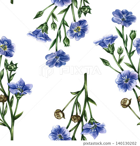 Seamless pattern with blue linen flowers. Hand-drawn watercolor illustration. Perfect for labels and packaging, textiles and decor, as well as for wallpaper, tablecloths, curtains, and more. 140130202