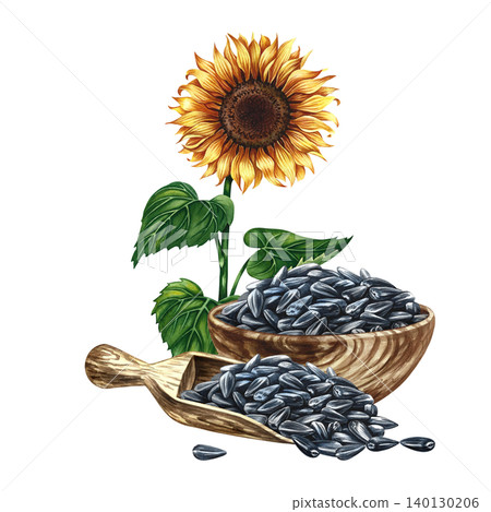 Sunflower flower and seeds in a wooden cup and scoop. Hand-drawn watercolor illustration. Design element for labels and packaging, as well as banners, posters, and more. Sunflower flower and seeds in a wooden cup and scoop. Hand-drawn watercolor illustration. Design element for labels and packaging, as well as banners, posters, and more. 140130206