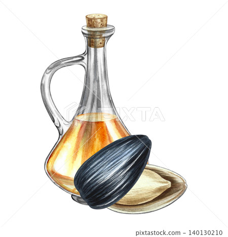 Sunflower oil. Hand-drawn watercolor illustration. Glass bottle of oil and a sunflower seed that has opened. Element of label and packaging design, banners, posters, and more. Sunflower oil. Hand-drawn watercolor illustration. Glass bottle of oil and a sunflower seed that has opened. Element of label and packaging design, banners, posters, and more. 140130210