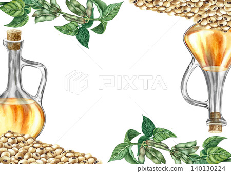 Soy frame. Soy stalks with green pods, a pile of soybeans, and a bottle of oil. Hand-drawn watercolor illustration. For abels, posters, banners, menus, and more. Soy frame. Soy stalks with green pods, a pile of soybeans, and a bottle of oil. Hand-drawn watercolor illustration. For abels, posters, banners, menus, and more. 140130224