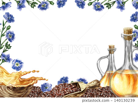 Frame with flax seeds and oil. Hand-drawn watercolor illustration. Glass bottle with flax oil, seeds, flowers, and a splash. Element of label, packaging design, as well as banners, posters, and more. Frame with flax seeds and oil. Hand-drawn watercolor illustration. Glass bottle with flax oil, seeds, flowers, and a splash. Element of label, packaging design, as well as banners, posters, and more. 140130239