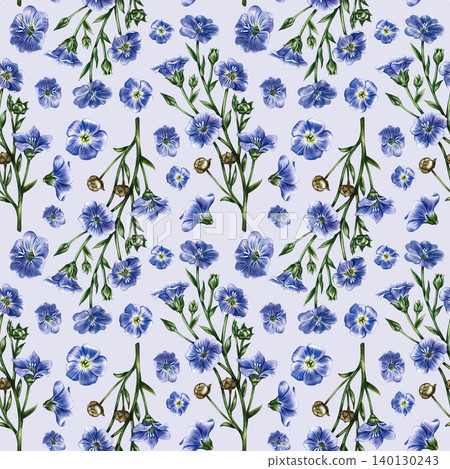 Seamless pattern with blue linen flowers. Hand-drawn watercolor illustration. On a blue background. Perfect for packaging, textiles and decor, as well as for wallpaper, tablecloths, curtains, and more Seamless pattern with blue linen flowers. Hand-drawn watercolor illustration. On a blue background. Perfect for packaging, textiles and decor, as well as for wallpaper, tablecloths, curtains, and more 140130243