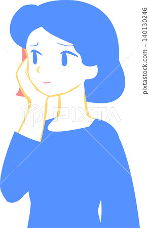 A woman with a troubled expression, wearing blue and yellow, with her hand on her cheek. 140130246