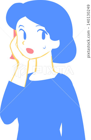 A woman with a blue and yellow face, holding her hand to her cheek, looks anxious. A woman with a blue and yellow face, holding her hand to her cheek, looks anxious. 140130249