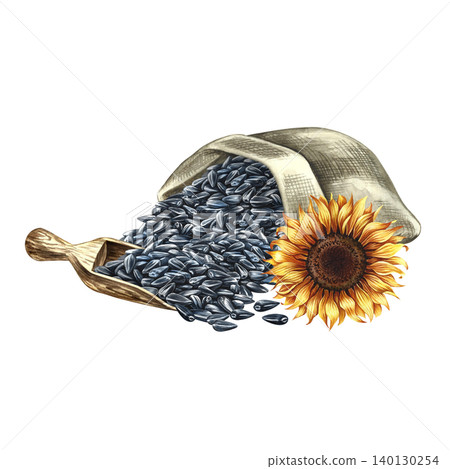 Sunflower seeds in a burlap bag and a wooden scoop. Hand-drawn watercolor illustration. Element of label and packaging design, as well as banners, posters, and more. Sunflower seeds in a burlap bag and a wooden scoop. Hand-drawn watercolor illustration. Element of label and packaging design, as well as banners, posters, and more. 140130254