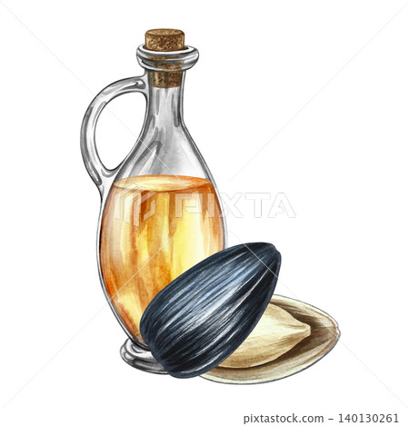 Sunflower oil. Hand-drawn watercolor illustration. Glass bottle of oil and a sunflower seed that has opened. Element of label and packaging design, banners, posters, and more. Sunflower oil. Hand-drawn watercolor illustration. Glass bottle of oil and a sunflower seed that has opened. Element of label and packaging design, banners, posters, and more. 140130261