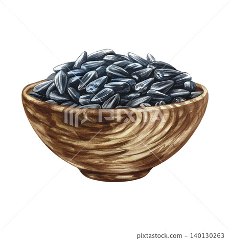 Sunflower seeds in a wooden bowl. Hand-drawn watercolor illustration. Element of label and packaging design, as well as banners, posters, and more. Sunflower seeds in a wooden bowl. Hand-drawn watercolor illustration. Element of label and packaging design, as well as banners, posters, and more. 140130263