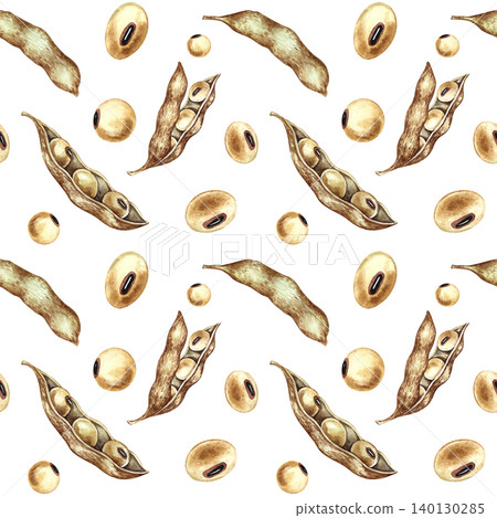 Seamless pattern with soybeans and pods. Hand-drawn watercolor illustration. Perfect for textiles, labels and prints, decor, packaging, and more. Seamless pattern with soybeans and pods. Hand-drawn watercolor illustration. Perfect for textiles, labels and prints, decor, packaging, and more. 140130285