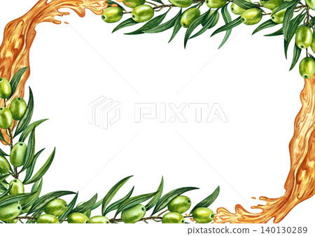 Olive oil frame. Hand-drawn watercolor illustration. Oil splashes and olive twigs with green fruits and leaves. For menus, recipes, and cookbooks. For postcards, packaging, labels, and more. 140130289