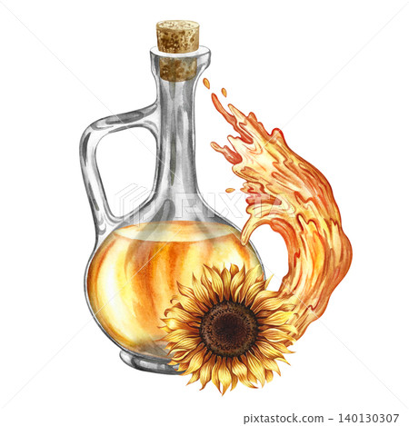 Sunflower oil. Hand-drawn watercolor illustration. Glass bottle of oil, sunflower flower, and oil splash. Design element for labels and packaging, banners, posters, and more. Sunflower oil. Hand-drawn watercolor illustration. Glass bottle of oil, sunflower flower, and oil splash. Design element for labels and packaging, banners, posters, and more. 140130307
