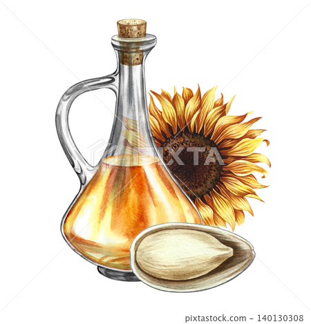 Sunflower oil. Hand-drawn watercolor illustration. Glass bottle of oil, sunflower flower, and its opened seed. Element of label and packaging design, banners, posters, and more. Sunflower oil. Hand-drawn watercolor illustration. Glass bottle of oil, sunflower flower, and its opened seed. Element of label and packaging design, banners, posters, and more. 140130308