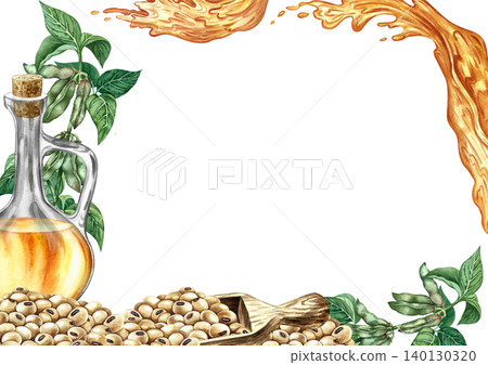 Frame with an image of soybean oil. Soybean stalks with green pods, soybeans in a scoop, and a bottle of oil. Hand-drawn watercolor illustration. Frame with an image of soybean oil. Soybean stalks with green pods, soybeans in a scoop, and a bottle of oil. Hand-drawn watercolor illustration. 140130320