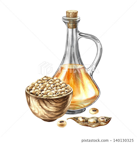 Soybean oil. Glass bottle and soybeans in a wooden cup. Hand-drawn watercolor illustration. For menus, recipes, and cookbooks. For banners, packaging, labels, and more. Soybean oil. Glass bottle and soybeans in a wooden cup. Hand-drawn watercolor illustration. For menus, recipes, and cookbooks. For banners, packaging, labels, and more. 140130325
