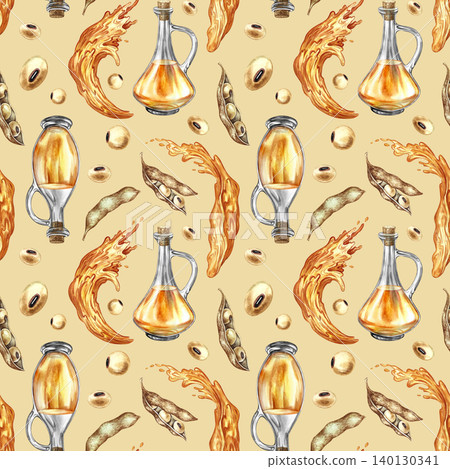 Seamless pattern with soybean oil. Hand-drawn watercolor illustration. Bottles of oil, soybeans, pods, and oil splashes. On a light brown background. For textiles, labels and prints, decor, and more. Seamless pattern with soybean oil. Hand-drawn watercolor illustration. Bottles of oil, soybeans, pods, and oil splashes. On a light brown background. For textiles, labels and prints, decor, and more. 140130341