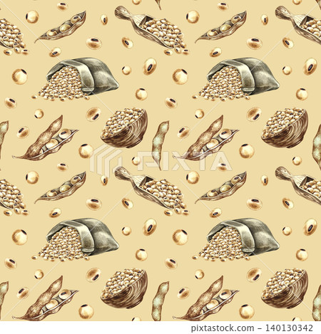 Seamless pattern with soybeans, pods, wooden utensils, and burlap bean bags. Hand-drawn watercolor illustration. On brown background. For textiles, labels and prints, decor, packaging and more Seamless pattern with soybeans, pods, wooden utensils, and burlap bean bags. Hand-drawn watercolor illustration. On brown background. For textiles, labels and prints, decor, packaging and more 140130342
