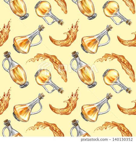 Seamless pattern with beautiful oil bottles and oil splashes. Hand-drawn watercolor illustration. On a yellow background. Perfect for textiles, labels and prints, decor, wallpaper, packaging and more. Seamless pattern with beautiful oil bottles and oil splashes. Hand-drawn watercolor illustration. On a yellow background. Perfect for textiles, labels and prints, decor, wallpaper, packaging and more. 140130352