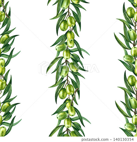 Seamless pattern with olive branches and green fruits and leaves. Hand-drawn watercolor illustration. Perfect for textiles, labels and prints, decor, wallpaper, packaging, and more. 140130354