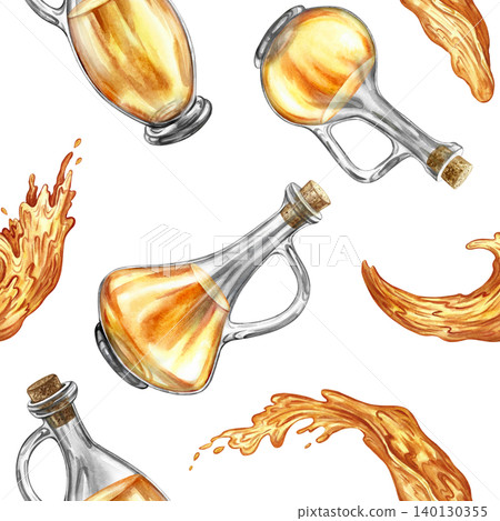 Seamless pattern with beautiful oil bottles and oil splashes. Hand-drawn watercolor illustration. Perfect for textiles, labels and prints, decor, wallpaper, packaging, and more. 140130355