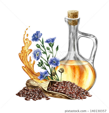 Flaxseed oil. Hand-drawn watercolor illustration. Glass bottle of oil, flax seeds in a wooden scoop, flax flowers, and a splash of oil. Element of label and packaging design, posters, and more. Flaxseed oil. Hand-drawn watercolor illustration. Glass bottle of oil, flax seeds in a wooden scoop, flax flowers, and a splash of oil. Element of label and packaging design, posters, and more. 140130357