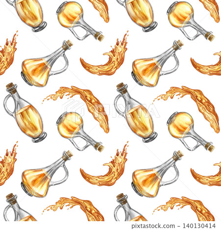 Seamless pattern with beautiful oil bottles and oil splashes. Hand-drawn watercolor illustration. Perfect for textiles, labels and prints, decor, wallpaper, packaging, and more. Seamless pattern with beautiful oil bottles and oil splashes. Hand-drawn watercolor illustration. Perfect for textiles, labels and prints, decor, wallpaper, packaging, and more. 140130414