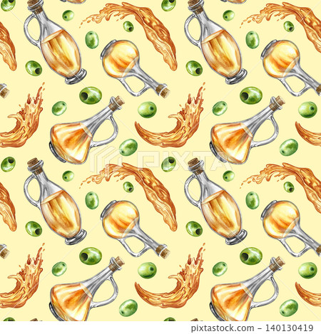 Seamless pattern with beautiful olive oil bottles. Hand-drawn watercolor illustration. On a yellow background. Perfect for textiles, labels and prints, decor, wallpaper, packaging, and more. Seamless pattern with beautiful olive oil bottles. Hand-drawn watercolor illustration. On a yellow background. Perfect for textiles, labels and prints, decor, wallpaper, packaging, and more. 140130419