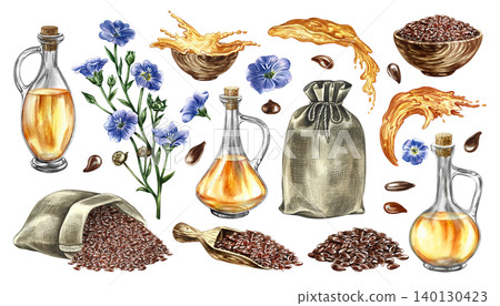 Flaxseed oil set. Hand-drawn watercolor illustration. Flax seeds, flowers, oil bottle, jute bags, oil splashes, and wooden bowl and scoop. For labels and packaging, banners, posters, and more. Flaxseed oil set. Hand-drawn watercolor illustration. Flax seeds, flowers, oil bottle, jute bags, oil splashes, and wooden bowl and scoop. For labels and packaging, banners, posters, and more. 140130423