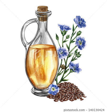 Flaxseed oil. Hand-drawn watercolor illustration. Glass bottle of oil, a handful of flax seeds, and flax flowers. Element of label and packaging design, banners, posters, and more. Flaxseed oil. Hand-drawn watercolor illustration. Glass bottle of oil, a handful of flax seeds, and flax flowers. Element of label and packaging design, banners, posters, and more. 140130424