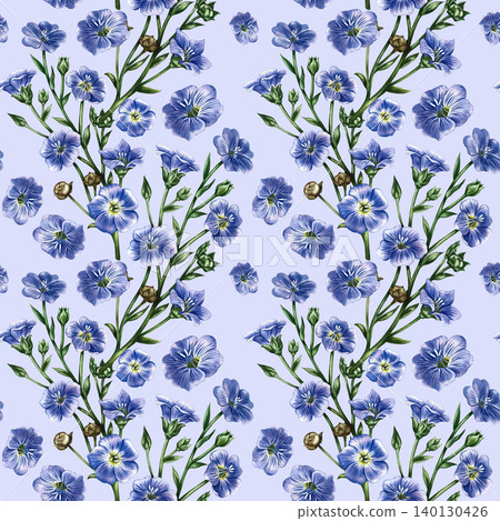 Seamless pattern with blue linen flowers. Hand-drawn watercolor illustration. On a blue background. Perfect for packaging, textiles and decor, as well as for wallpaper, tablecloths, curtains, and more Seamless pattern with blue linen flowers. Hand-drawn watercolor illustration. On a blue background. Perfect for packaging, textiles and decor, as well as for wallpaper, tablecloths, curtains, and more 140130426