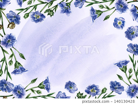 Frame with blue linen flowers. Hand-drawn watercolor illustration. Blue flowers and a watercolor spot on the background. Perfect for wedding, anniversary, and other greeting cards and invitations. 140130428