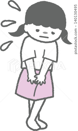 插圖描繪了一個女孩雙腿交叉,坐立不安,並努力克制自己上廁所或排便的衝動(兒童便秘)。 插圖描繪了一個女孩雙腿交叉,坐立不安,並努力克制自己上廁所或排便的衝動(兒童便秘)。 140130495