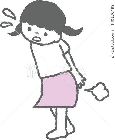 An illustration of a girl who is embarrassed because her stomach is bloated and she has passed gas (childhood constipation). An illustration of a girl who is embarrassed because her stomach is bloated and she has passed gas (childhood constipation). 140130498