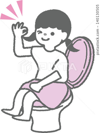 插圖描繪了一個女孩在廁所裡便秘緩解後,面帶微笑並做出“OK”手勢(兒童排便)。 插圖描繪了一個女孩在廁所裡便秘緩解後,面帶微笑並做出“OK”手勢(兒童排便)。 140130505