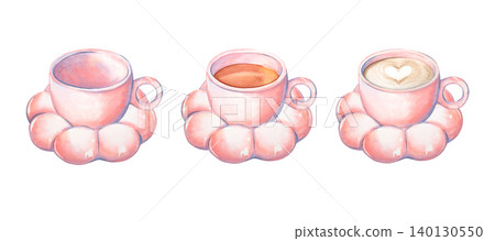 A watercolor set featuring a pink cup and saucer for morning tea. Hand-painted illustrations depict the cup filled with tea, filled with coffee, and empty. Isolated ceramic and porcelain tea sets A watercolor set featuring a pink cup and saucer for morning tea. Hand-painted illustrations depict the cup filled with tea, filled with coffee, and empty. Isolated ceramic and porcelain tea sets 140130550