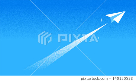 一張紙飛機在藍天中飛翔的背景圖,留有文字空間。適用於橫幅和標題。象徵希望和未來。 一張紙飛機在藍天中飛翔的背景圖,留有文字空間。適用於橫幅和標題。象徵希望和未來。 140130558