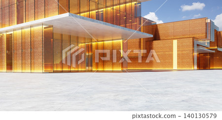 3d rendering modern building exterior with illuminated glass and brick facade 3d rendering modern building exterior with illuminated glass and brick facade 140130579