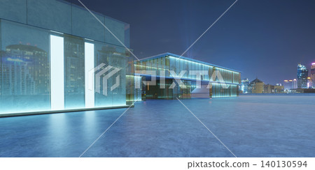 3d rendering modern building featuring glass facades and neon lighting at night 3d rendering modern building featuring glass facades and neon lighting at night 140130594