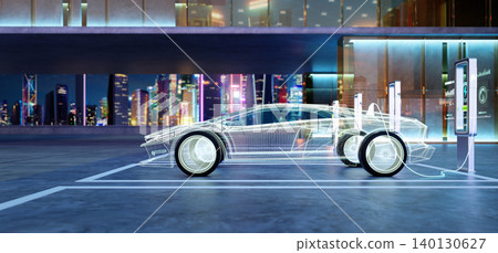 3d rendering wireframe electric vehicle concept charging at station 3d rendering wireframe electric vehicle concept charging at station 140130627
