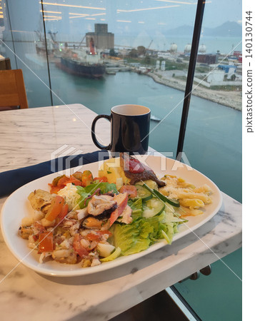 Dining Room Buffet aboard the abstract luxury cruise ship. Healthy breakfast at modern liner concept Dining Room Buffet aboard the abstract luxury cruise ship. Healthy breakfast at modern liner concept 140130744