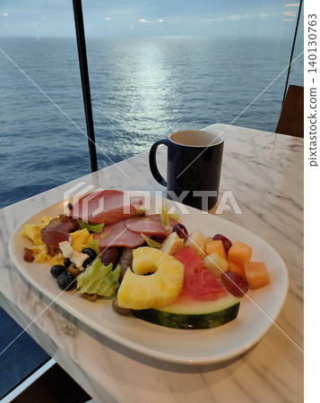 Dining Room Buffet aboard the abstract luxury cruise ship. Healthy breakfast at modern liner concept Dining Room Buffet aboard the abstract luxury cruise ship. Healthy breakfast at modern liner concept 140130763