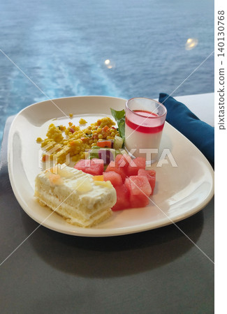 Dining Room Buffet aboard the abstract luxury cruise ship. Healthy breakfast at modern liner concept Dining Room Buffet aboard the abstract luxury cruise ship. Healthy breakfast at modern liner concept 140130768
